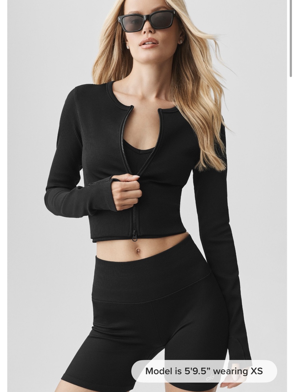 ALO Yoga Black Ribbed Zip-Front Crop Top